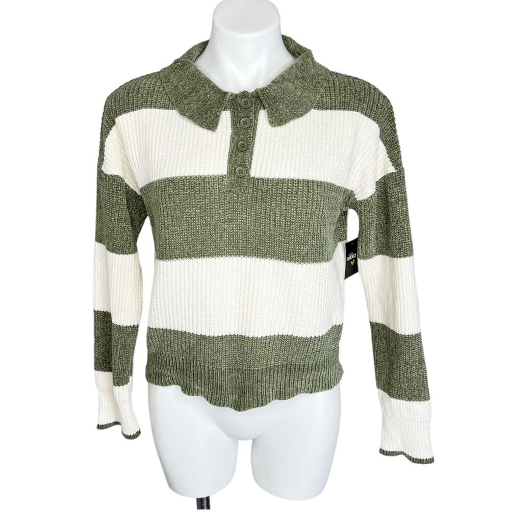 Nikka K knit velvet crop sweater olive green and white collared size S NWT